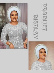 1pc Women's Traditional Multi-Layer Rhinestone Embellished Solid Color Head Wrap, Suitable For Weddings And Holiday Gifts, Abaya Hijab - Multicolor - View 10