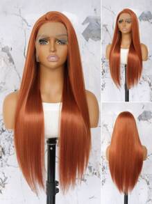 13*4 Ginger Orange Wig 26 Inch Long Lace Front Wig For Women Natural Heat Resistant Fiber Synthetic Straight Wigs For Daily Use Party Halloween - 薑色 - 查看 3