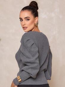 Women's Winter Cold Weather Puff Sleeve Princess Long Pleated Knit Sweater Top - 灰色 - 查看 5