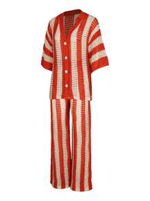 度假休闲双色条纹单排扣镂空针织上衣和裤子套装