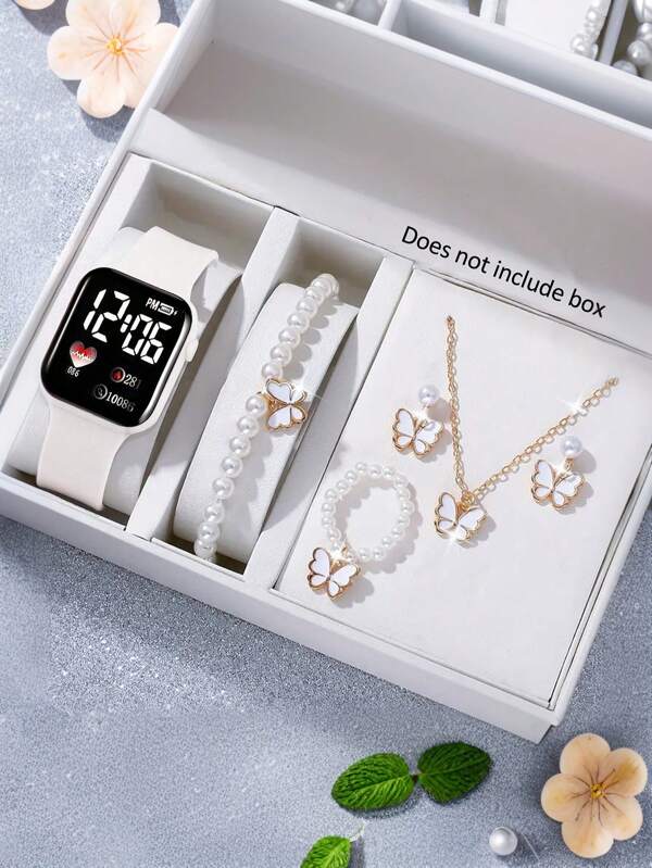 Set de 6 piezas con reloj digital cuadrado elegante y lindo para adolescentes, y set de joyería con mariposa, que incluye collar, pulsera, aretes, anillos, regalo para mamá, Día de la Madre