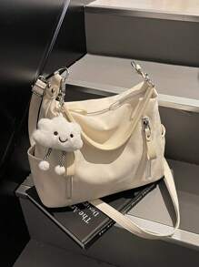 Matte Finish Large Capacity Fashion Versatile Shoulder Bag, Elegant Beach Tote Handbag Shopping Bag, White Bag - White - View 3
