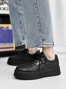 Thick Sole Round Toe Breathable Student Lace-Up Canvas Shoes Men, Solid Color Small Leather Casual Skate Shoes, Anti-Slip Work Shoes - Black - View 6