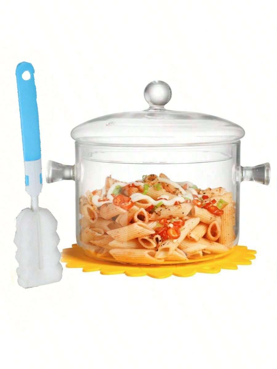 High Borosilicate Glass Stew Pot Soup Pot, High Temperature Resistant, Open Flame Heating Stew Pot Soup Pot With Bowl Brush. - Transparent - View 1