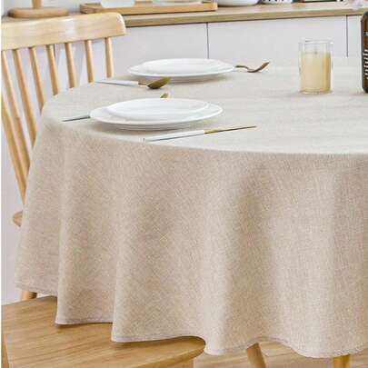 1pc Beige Linen Round Tablecloth For Living Room, Dining Room, Kitchen, Wedding, Party, Birthday, Home Decor, Outdoor Use