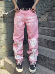 Men's Fashionable Printed Casual Straight Leg Jeans - Pink - View 5