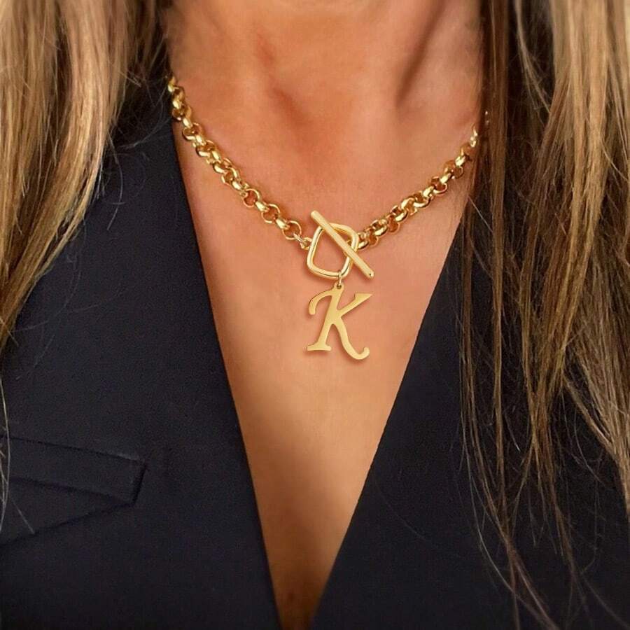 1pc Classic Stainless Steel Initial Rectangle Clasp Choker Chain Necklace For Women Party - Style 4 - View 1