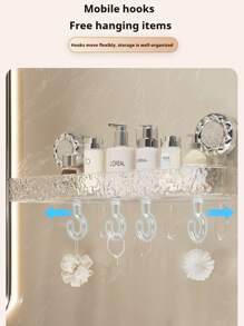 1pc Suction Cup Rectangular Bathroom Shelf, No-Drill Wall-Mounted Transparent Bathroom Organizer, Large Capacity With Hooks, Quick Drainage, Moisture-Proof, Ideal For Bathroom, Washbasin, Kitchen Storage Box Home Bathroom Decor Bathroom Accessories Bathroom Organizer Fall Decor Back To School