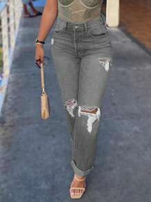 New Style Basic Women Loose Distressed Straight Leg Jeans - Grey - View 3