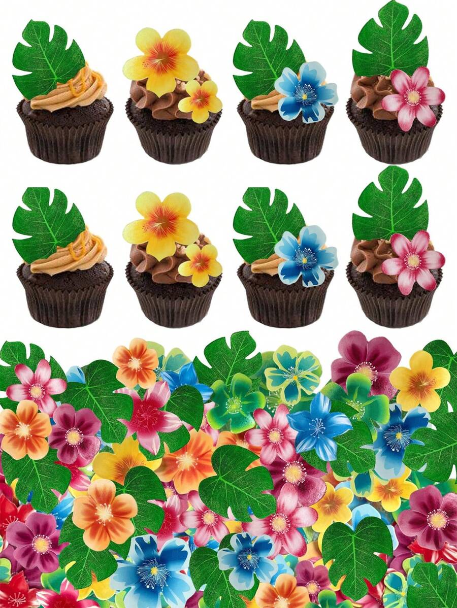 60 piezas de decoraciones florales hawaianas (solo para decoración, no comestibles), decoraciones para cupcakes de hojas de palma y flores de papel de arroz glutinoso tropical, surtido de flores de hoja de palma mini para decorar cupcakes, decoraciones para tartas con tema hawaiano, suministros para fiestas de verano con tema de la jungla, decoraciones para cupcakes de papel de caparazón de tortuga, hojas verdes y flores coloridas de papel de oblea con tema de la serie hawaiana para bodas y fiestas de cumpleaños - Multicolor - Ver 1