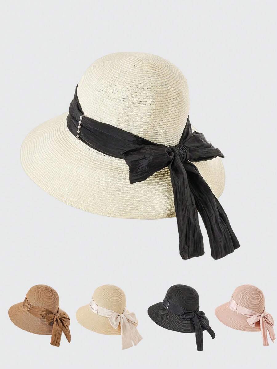 1 pieza Sombrero de paja de verano de unicolor para mujer, sombrero redondo de moda versátil y casual con decoración de perlas y moño, adecuado para compras diarias