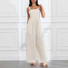 Women Wide Leg Overalls Sleeveless Jumpsuits Loose Solid Color Suspender Comfy Baggy Button Rompers With Pockets - Beige - View 3