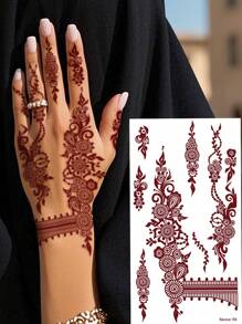 4pcs Brown, Red, Chestnut Floral Henna Hand Temporary Tattoo Stickers, Sexy Finger Nail Flower Tattoos For Women, Waterproof Henna Tattoo Stickers, Brown Tattoo Stickers, Women Body Art, Wedding Party - Red - View 4