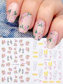 2 pièces Autocollants d'art pour ongles avec marguerites roses élégantes, fleurs à cinq pétales bronzées, feuilles, tranches de coquille d'œuf de Pâques, oreilles de lapin, décalcomanies adhésives, accessoires pour ongles d'été DIY