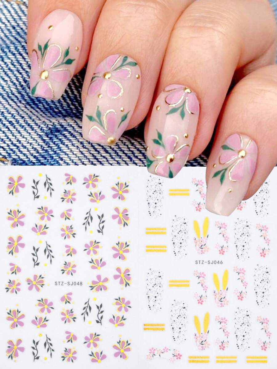 2 pièces Autocollants d'art pour ongles avec marguerites roses élégantes, fleurs à cinq pétales bronzées, feuilles, tranches de coquille d'œuf de Pâques, oreilles de lapin, décalcomanies adhésives, accessoires pour ongles d'été DIY