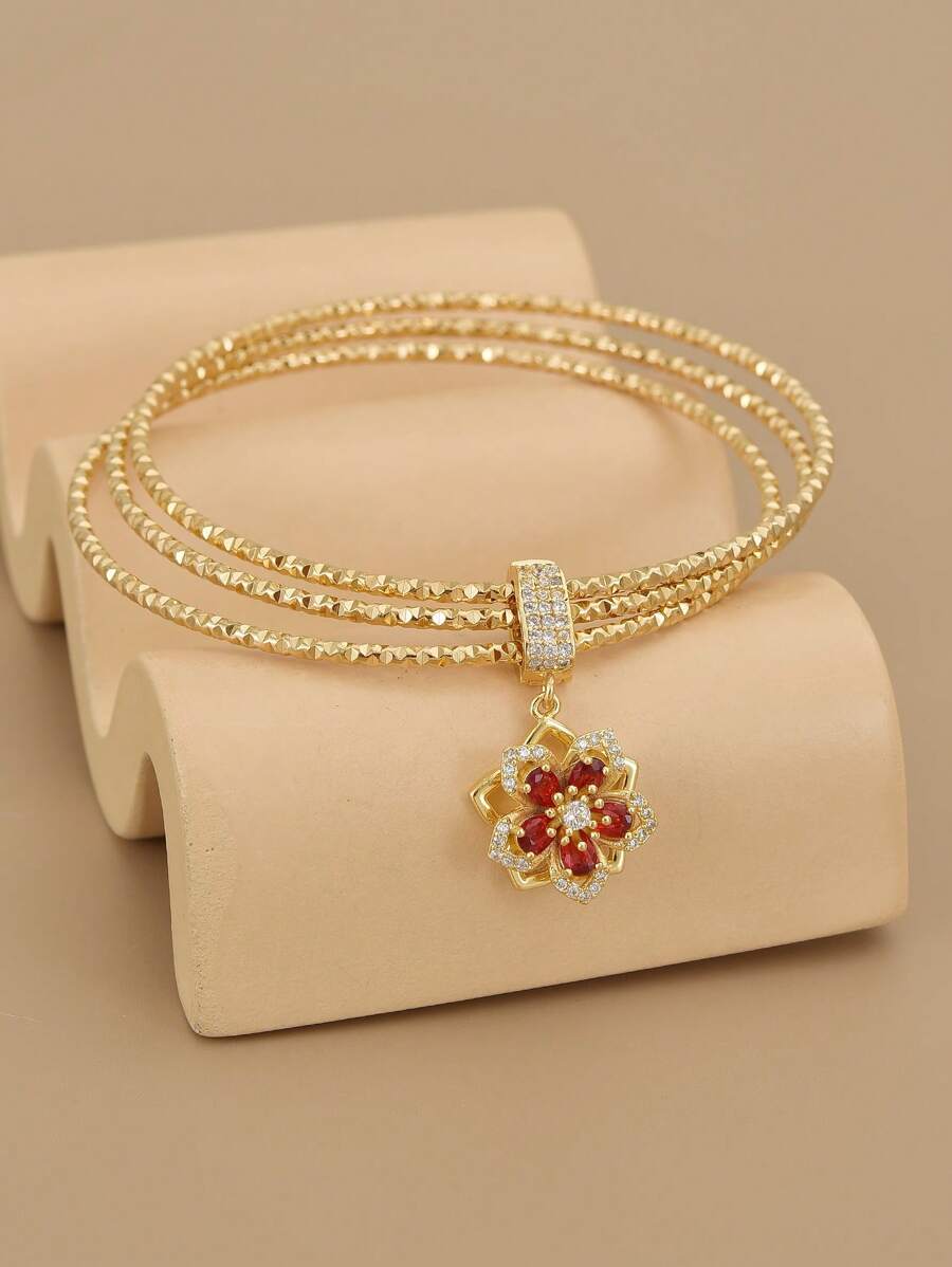 1pc Stainless Steel 5-Petal Zirconia Rotatable Bangle Bracelet Set, Luxury For Women