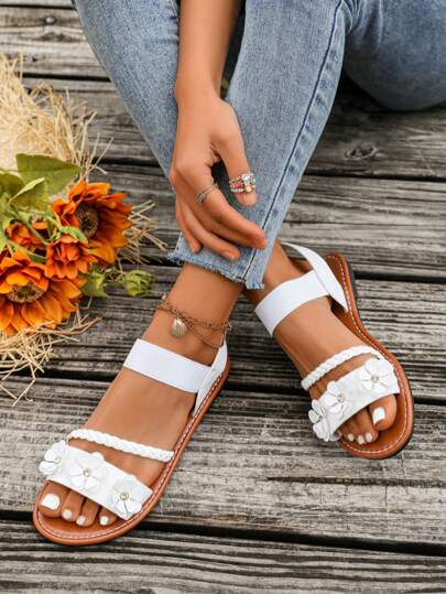 Women's White Woven Flat Sandals With 3D Flower Design | Summer Breathable Casual Shoes For Women | Beach Wedding Comfortable Women's Sandals