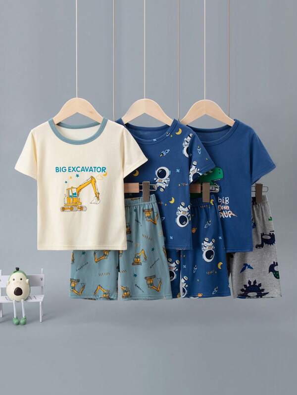 6pcs Set Kids Short Sleeve & Shorts Pajama Set, Astronaut & Dinosaur Print Cotton Sleepwear, Cartoon Digger, Summer