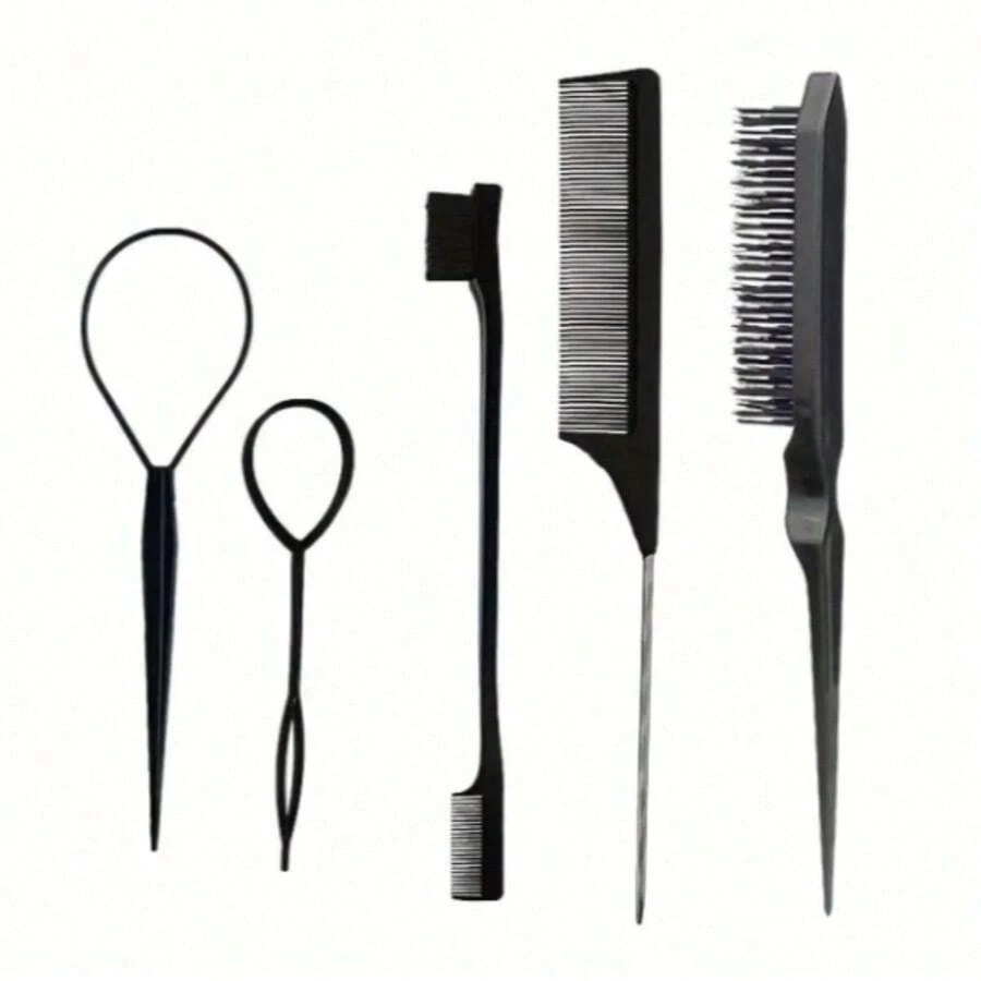 5pcs [Travel Hair Styling Essentials] DIY Hair Styling Tools Set, Hair Brush And Braiding Tool Kit Including Hair Styling Comb, Rat Tail Comb, Edge Brush, Teasing Hair Brush, Braid Tool Loop Travel Essentials,Hair Brush,Comb,Hair Tools,Hair Products And Accessories For Barber Salon Beauty Travel Essentials