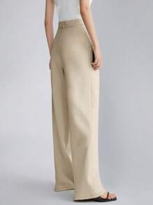 Pantalones de traje de pierna ancha con bolsillos laterales y cintura alta, aptos para primavera y otoño - Caqui - Ver 2