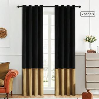 2pcs Black & Gold Splicing Digital Printed Curtains, Hole Design For Easy Hanging, Privacy Protection Curtains Suitable For Bedroom, Living Room, Kitchen, Study, Dining Room, Game Room, Essential Home Decor
