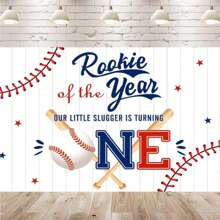 [Vinyl Photo Booth Background] Baseball-Themed 1st Birthday Party Backdrop - Rookie Of The Year Design, Blue & Red Wooden Board Hitter, Vinyl Photo Booth Background For Celebrations - Multicolor - View 1