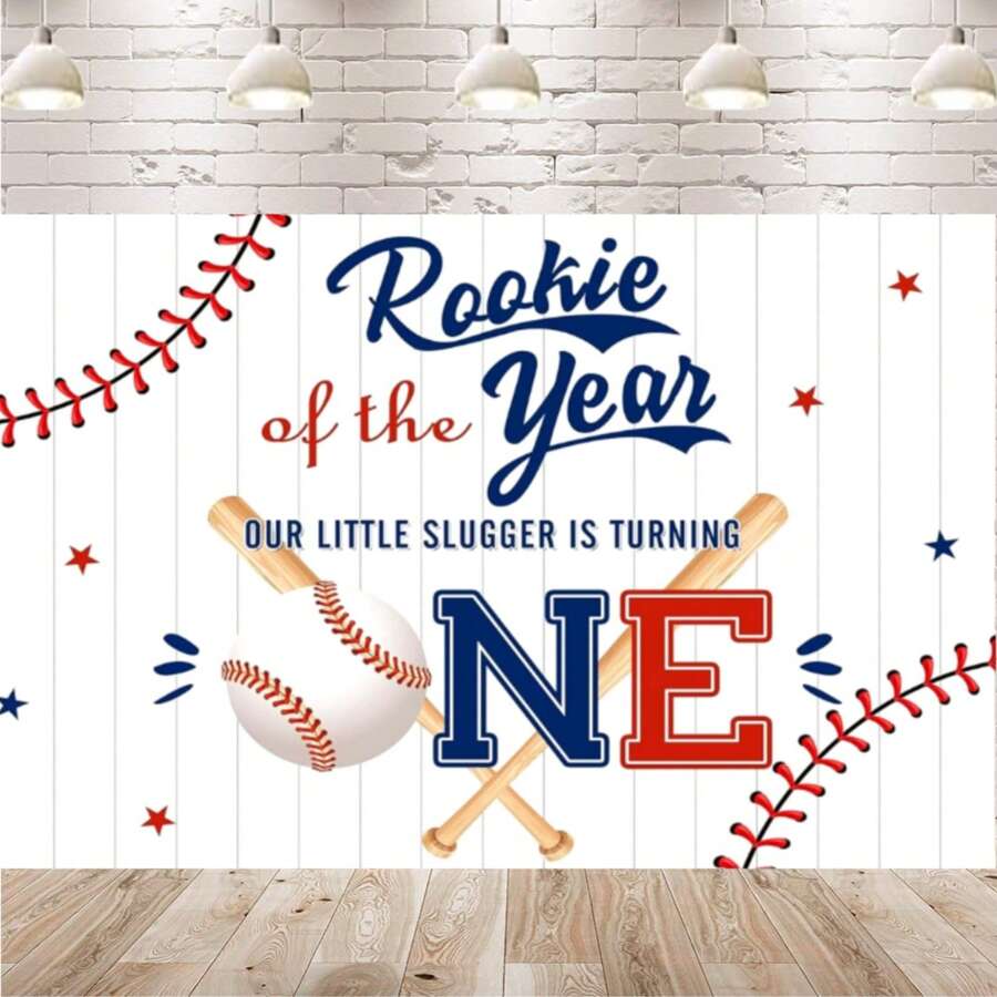 [Vinyl Photo Booth Background] Baseball-Themed 1st Birthday Party Backdrop - Rookie Of The Year Design, Blue & Red Wooden Board Hitter, Vinyl Photo Booth Background For Celebrations - Multicolor - View 1
