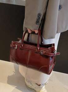 新款时尚手提包，简约优雅斜挎包，PU 皮革百搭复古都市时尚单肩包，适合女性日常通勤和购物 - 酒紅色 - 查看 3