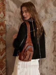 1pc Embossed Retro Design PU Women Chest Bag, Can Be Used As Shoulder Bag Or Backpack - Chocolate Brown - View 1