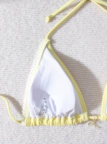 Top e Bottom de Maiô Bikini 2 Peças Amarelo Manteiga, Decote Halter, Costas Descobertas, Amarrado, Traje de Banho Feminino, Verão, Praia, Férias, Looks de Verão para Mulheres, Looks de Praia para Mulheres, Roupa de Praia Feminina, Maiô Bikini com Sustentação