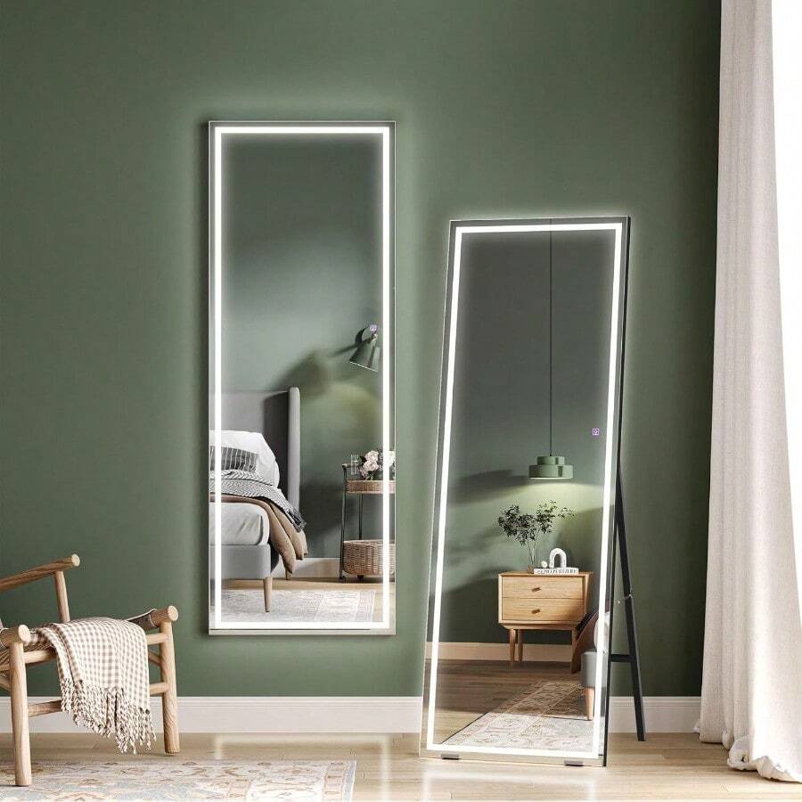 Dripex LED Full Length Dressing Mirror, 140x40cm Free Standing Floor Mirror, Wall Mounted Hanging Mirror With Lights, Full Size Body Mirror With Dimming & 3 Color Lighting For Bedroom (Black Frame) - Black Frame-140 X 50 Cm - View 1