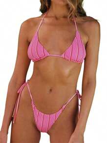 Women 2 Piece Bikini Set Floral/Striped Tie-Up Halter Neck Tops Low Rise Thongs Bathing Suits For Pool Beach