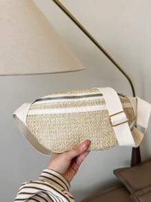 Jacquard Zipper Waist Bag, Crossbody Fanny Pack, Rattan Beach Waist Pouch - Khaki - View 4