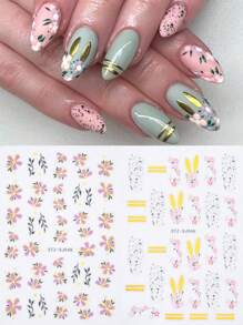 2 pièces Autocollants d'art pour ongles avec marguerites roses élégantes, fleurs à cinq pétales bronzées, feuilles, tranches de coquille d'œuf de Pâques, oreilles de lapin, décalcomanies adhésives, accessoires pour ongles d'été DIY