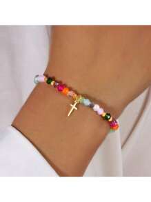 1pc Fashionable Card Cross & Square Crystal Beads Bracelet For Women