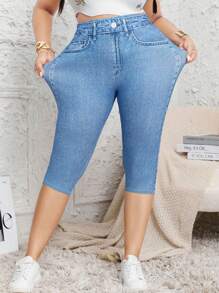 Plus Size Women High Stretch Tight 3/4 Leggings, All-Over Bowknot Print Design Casual Comfortable Knitted Pants, Suitable For Sports, Outdoor Activities - Baby Blue - View 7