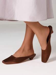 Women's Satin Slingback Mules Fashion Square Toe Thick Kitten Heel Slip On Slides Closed Toe Party Dress Pumps Woman - 棕色 - 查看 4