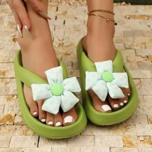 Women's Thick Sole Casual Flip Flops With Polka Dot & Sunflower Design, Soft Anti-Slip Beach Slippers, Plus Size House Slippers, Suitable For Mother's Day Gift, Summer - Green - View 5