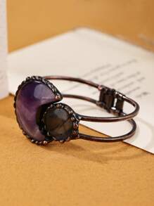 1pc Vintage Style Purple Amethyst Moon Shape Combine Natural Sunstone Exaggerated Big Handmade Welding Electroplated Bronze Color Bracelet, Women Party Gift (Natural Sunstone's Color & Shape Varies, Some Black Spots & Cracks Are Natural Phenomenon, Not Defects)