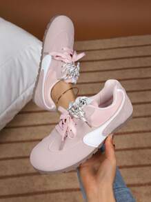 Women's Fashionable White Sneakers, New Korean Style Spring/Summer Thick Sole Casual Sports Shoes, Flat Non-Slip Lace-Up Shoes, Pink, Suitable For Spring/Autumn