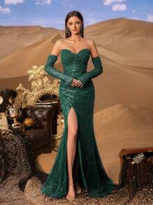 Faeriesty Vestido de noche lujoso y glamoroso con cuentas y lentejuelas, con mangas, cola de sirena y diseño de abertura alta - perfecto para galas de alfombra roja, bodas de lujo, premios de música y desfiles de moda en el metaverso