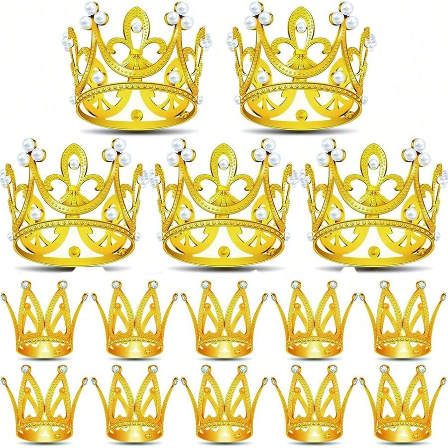 15 peças sortidas mini coroas de ouro bolo toppers para decoração de festa de aniversário - ouro - Ver 1