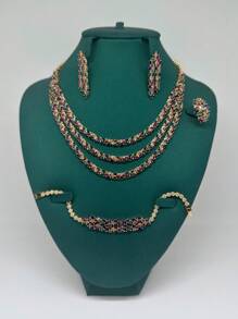 4 pièces / set de bijoux de fête tendance, collier multicouche, pierre de zirconium colorée incrusté de cuivre, ensemble de bijoux élégant pour femmes, convient au Moyen-Orient, en Europe et en Amérique