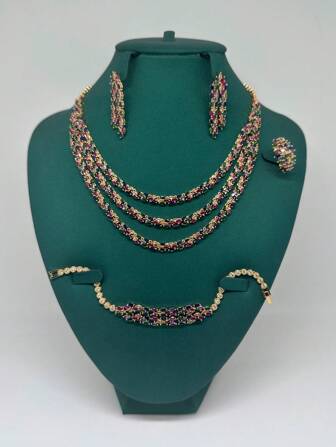 4pcs/Set Jewelry Set, Multilayer Necklace With Colorful Cubic Zirconia Copper Inlay, Women's Party/Date/Gift Jewelry Set Including Necklace, Earrings, Ring, Bracelet In Gold & Silver Tone