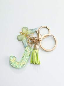 1 件创意绿色蝴蝶流苏钥匙扣带字母石树脂配件，女孩钥匙圈