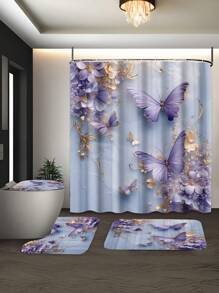 1/4pcs Artistic Floral & Butterfly Pattern Printed Waterproof Shower Curtain Set, Modern Minimalist Daily Elements, Bathroom Decor With 12 Hooks, Toilet Mat, Bathtub Curtain, Polyester Fabric, Machine Washable, Suitable As Gift For Hotel, Apartment, Home - Multicolor - View 4