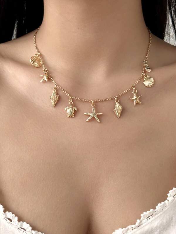 قلادة 1 قطعة على الطراز البوهيمي مزخرفة بنجم البحر والصدفة والسلحفاة، مناسبة لحفلات الشاطئ والسفر والحفلات والمناسبات الرسمية