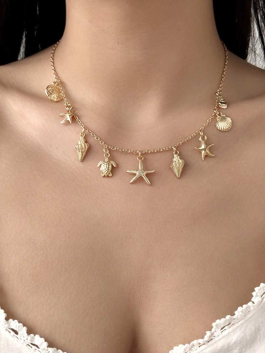 1 pezzo Collana con ciondoli di stile bohémien con stelle marine, conchiglie e tartarughe, adatta per spiaggia, viaggi, feste e occasioni di ristorazione