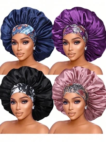 4Pcs Large Size Wide Brim Design Adjustable Elastic Band Floral Strap Hair Bonnets For Curly & Straight Hair - Multicolor - View 2