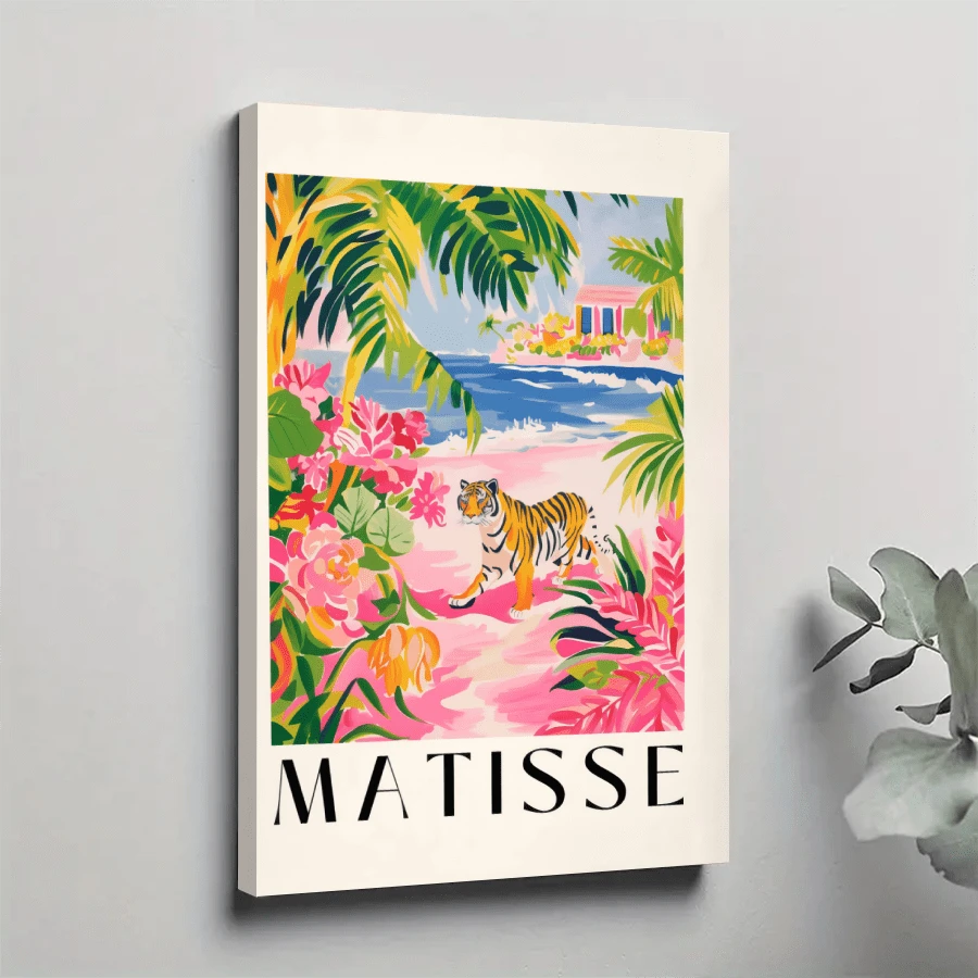 1pc Framed Canvas Poster, Beachy Decor, Tiger Art Print, Pink Dopamine Wall Art Canvas Paintings, Ideal Gift For Bedroom Living Room Corridor, Wall Art, Room Decoration